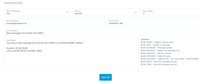 System Settings Voicemail to Email